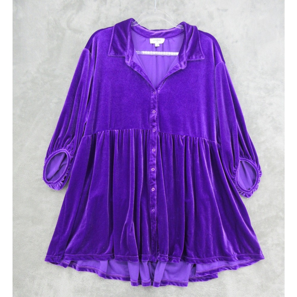 Umgee Top Womens L Velvet Babydoll Tunic Button Front Relaxed Boxy Artsy Purple
